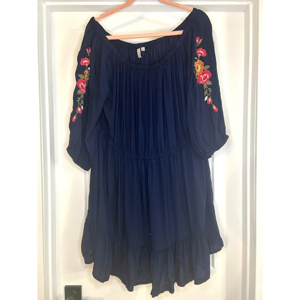 Feathers Navy Blue Floral Embroidered Off Shoulder Boho Mini Dress Plus 3X Rayon